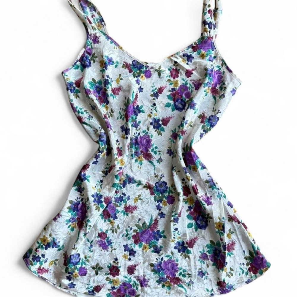 Vintage Adonna Floral Silk Feel Slip Dress White Purple 1X 112-8365